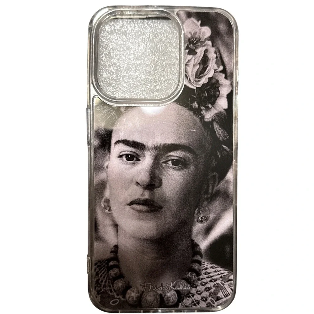 Frida Kahlo iPhone 15 Pro Silicone Case Black and‎ White Portrait Clear Glitter